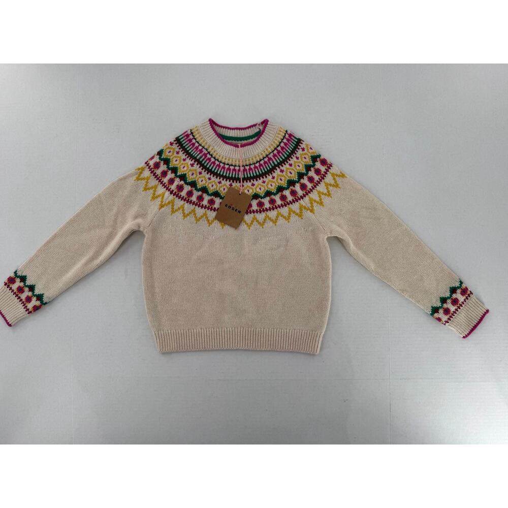 Mini Boden Girls 7-8Y Fair Isle Sweater Cream Floral Nordic Wool Look Knit NWT